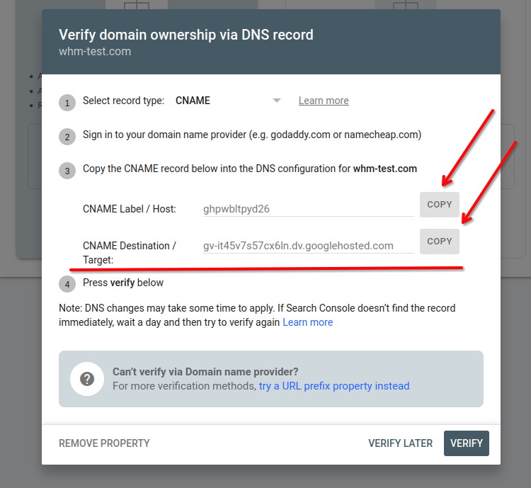 Copy CNAME record details from Google Search Console