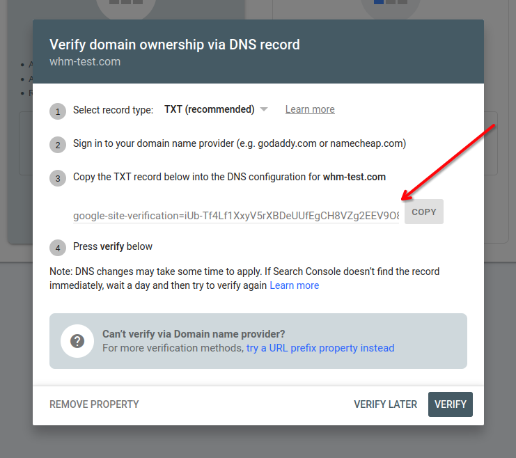 Copy TXT verification code from Google Search Console