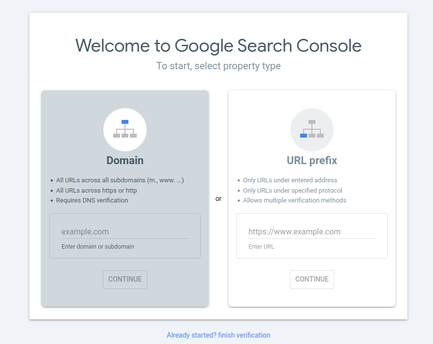 Select Domain property type in Google Search Console